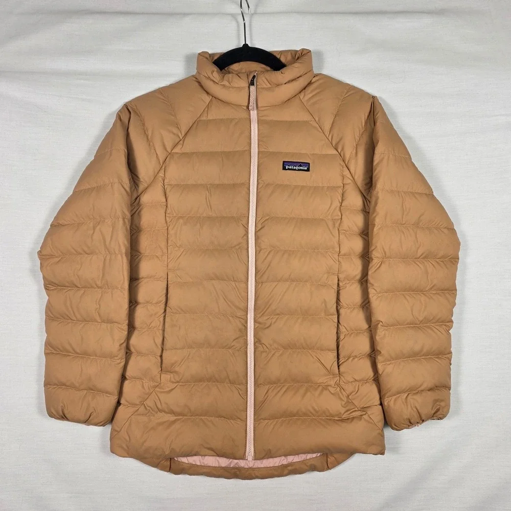 Patagonia‎ Down 600 Fill Jacket Kids XL Tan Pink Puffer Hoodless Full Zip Warm
